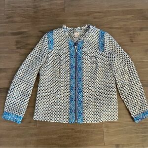 CHICO'S Blue Ivory Tweed Zip Front Jacket Size 2 = US Size 12